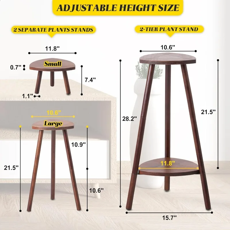 Indoor Plant Stand, Adjustable Mid Century Retro Pine Wooden Holder for Multiple Plants, 2 Tier Rack, Flower Pot Shelf