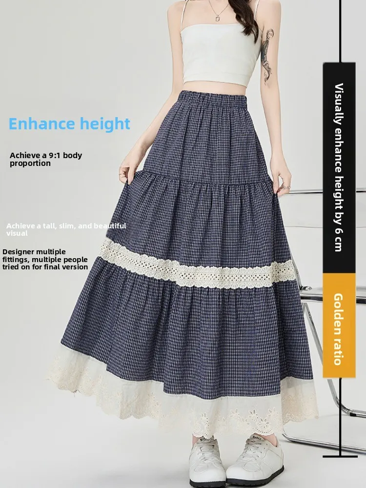 

Кружевная клетчатая юбка в стиле ретро, женская летняя тонкая юбка трапециевидной формы с высокой талией, милая расклешенная длинная юбка