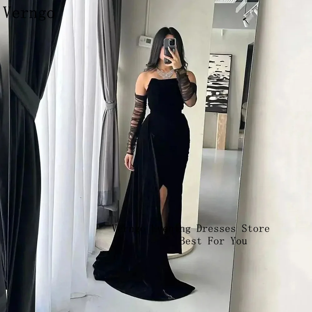 Verngo Black Velevt Prom Gown Strapless Mermaid Drapted Train Formal Evening Dress Side Slit Sweap Train Party Dress Customized