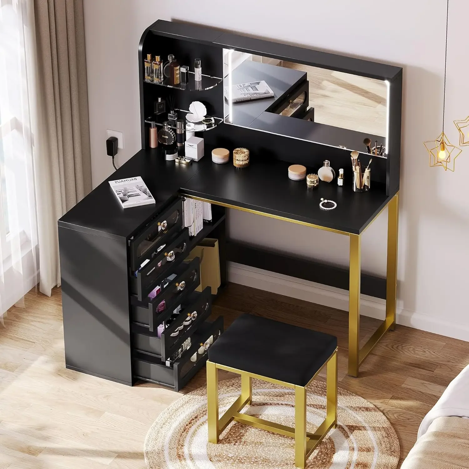 Corner Makeup Desk with Lights and Mirror, 48