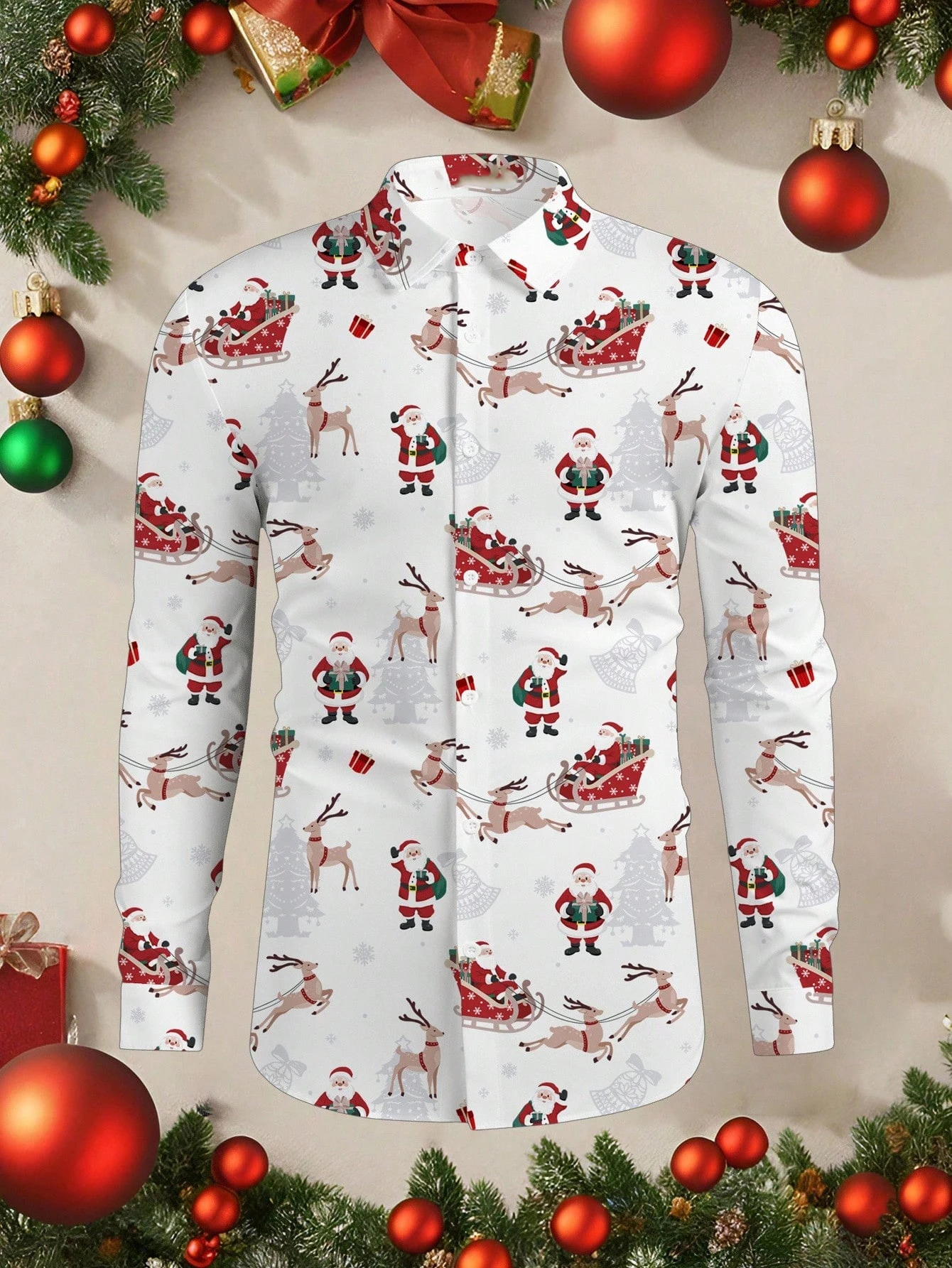 Men's Christmas themed 3D printed elk pattern lapel long-sleeved shirt with Christmas elements and casual business style