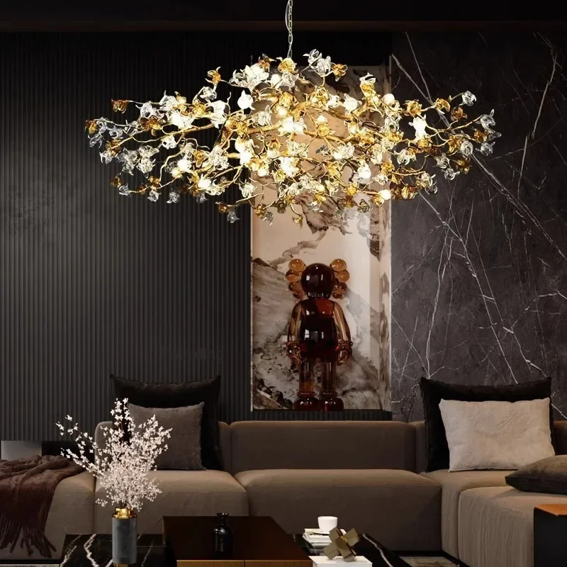 Ceiling Crystal Chandeliers Luxury Villa Designer Crystal Chandelier For Living Room Bar Lamp Flower And Branch Art Tea Room