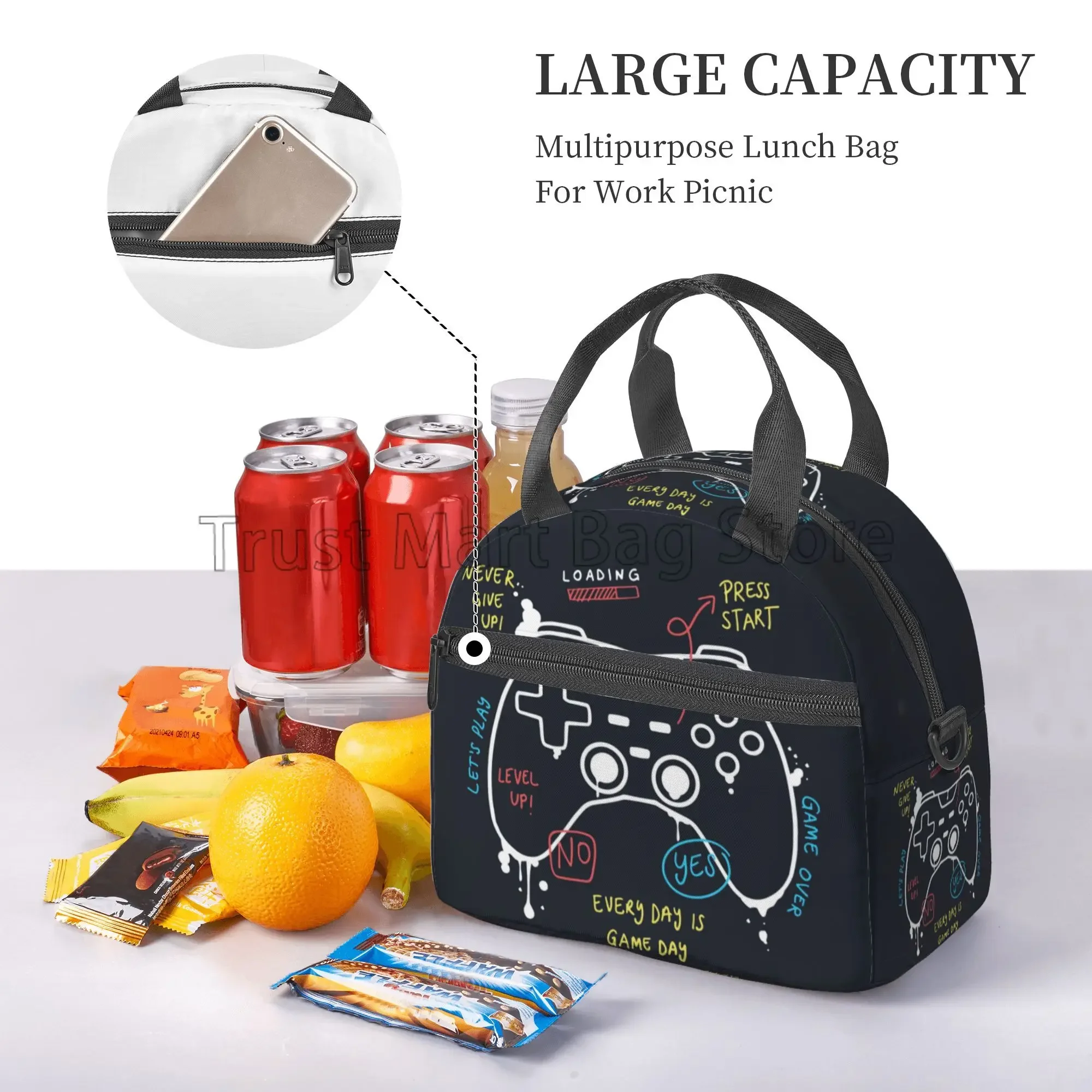 Video Game Controller Thermal Lunch Bag Reusable Portable Insulated Lunch Box Bento Tote for Boys Girls School Travel Picnic