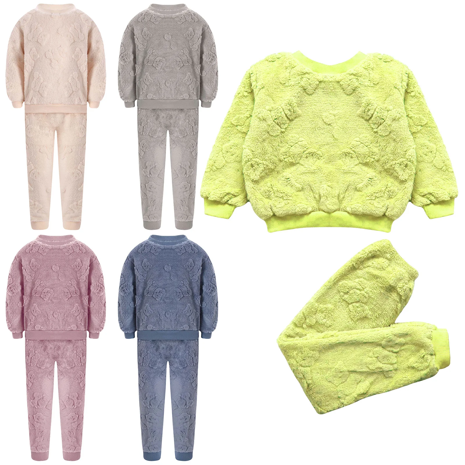 Bambini Ragazze Ragazzi Autunno Inverno Fuzzy Flanella Pigiama Set Orso Indumenti da notte Homewear Sonno Costumi caldi Comodi abiti morbidi e accoglienti