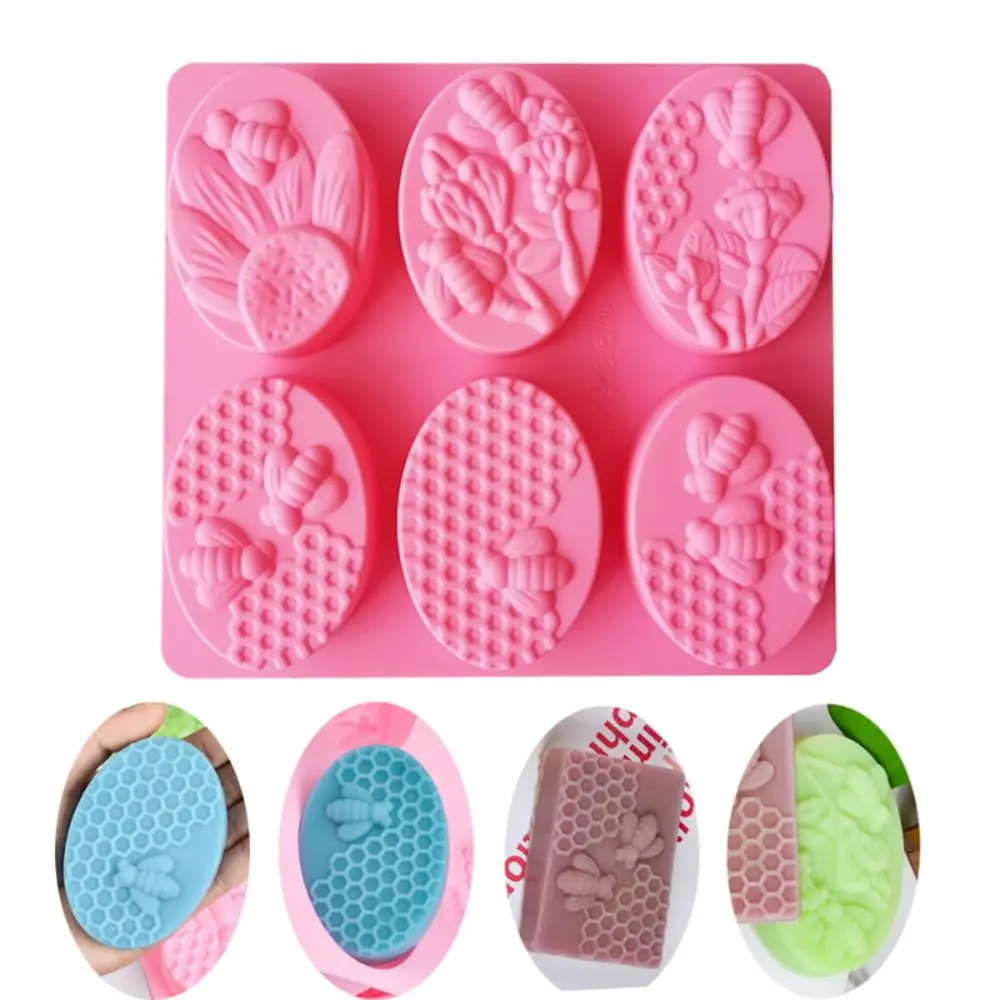 3D 6 Cavities Bee Oval Honeycomb Silicone Soap Mold DIY Honey Fondant Cake Mold Tool Handmade Candle Mold Baking Mold