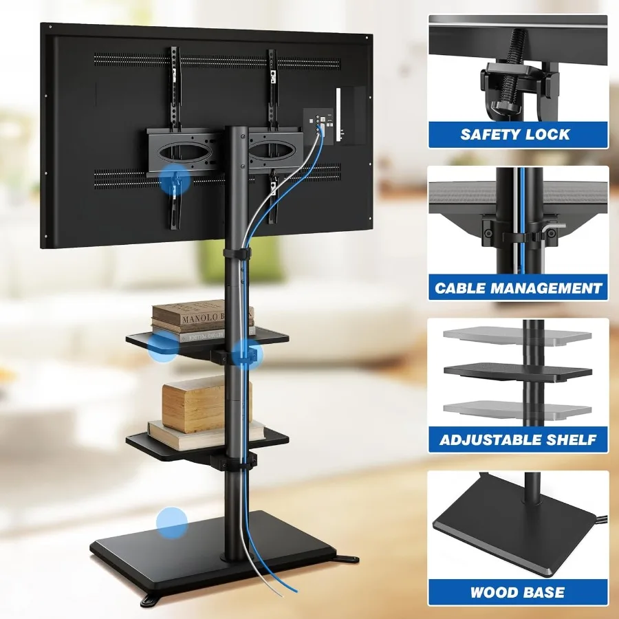 حامل تلفزيون أرضي دوار مع رفين لأجهزة التلفاز مقاس 3260 بوصة حتى 88 رطلًا، حامل تلفزيون قابل للتعديل مع رف قاعدة خشبية لتوفير المساحة