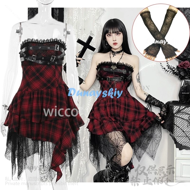 2024 Anime Goth Cosplay Halloween Suit Red Lattice Lolita Dress Black Glove Tube Dress Costume For Women Girls Halloween Party