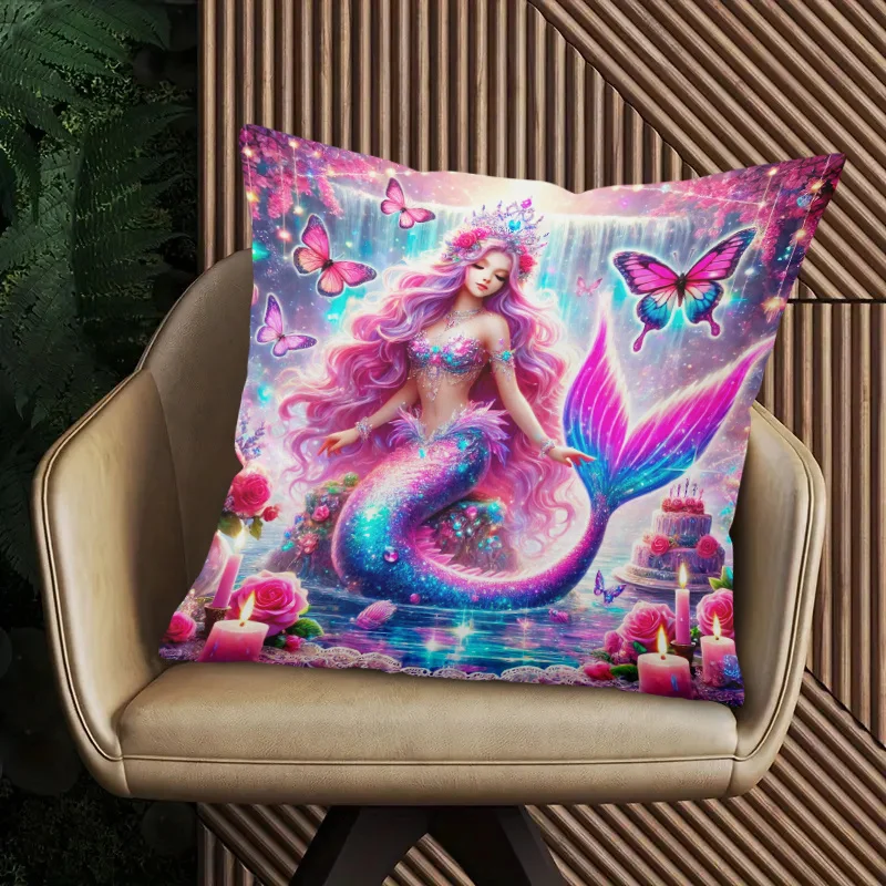 1pcs 2D Flat Mermaid Birthday Cake Glitter Pillowcase Fantasy Ocean Princess Art Kids Room Decor Soft Plush Cushion Cover Double