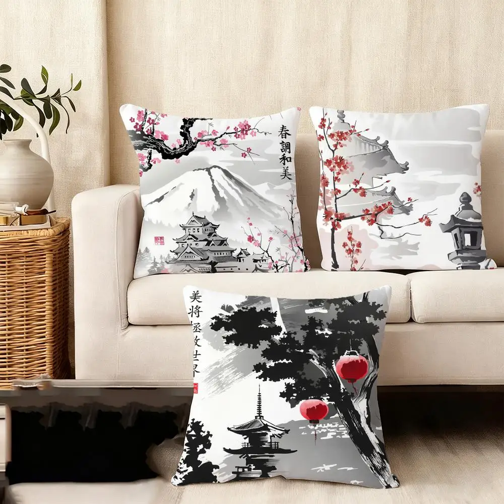 Japanese Pagoda Landscape Cushion Cover Plush Fabric Soft Double-Sided Printed Sofa Warm Winter Home Gift Pillow Cover