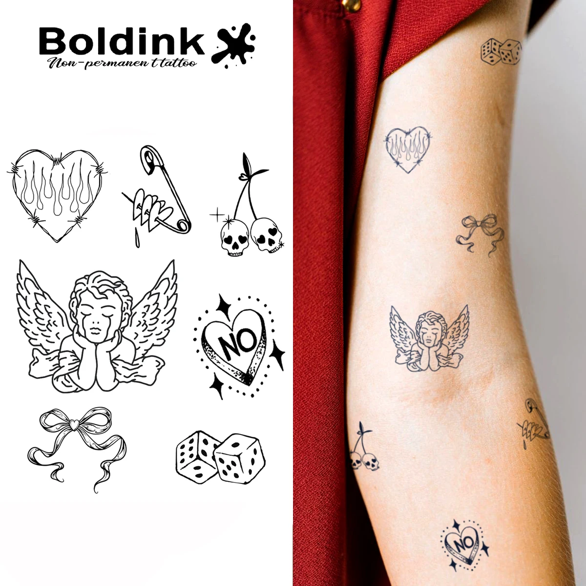 

Boldink Dark Tattoo Patch Set -9 Gothic Designs (Heart/Skull/Angel/Dice) | 1-2 Week Durable Waterproof|