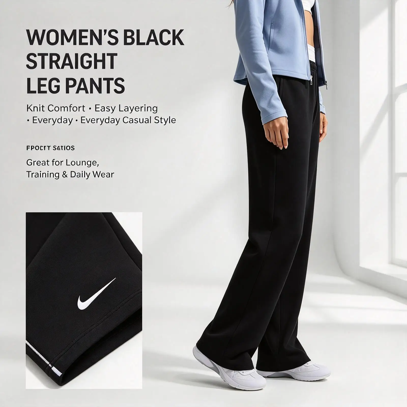 Nike IM8107-001 Women Knit Pants, Black Elastic Waist Straight Leg Trousers Soft Casual Daily Lounge Training