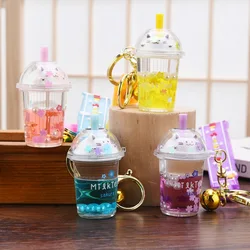 Cartoon Cute Liquid Quicksand Keychain Sakura Cat Milk Tea Cup Acrylic Floating Keyring Pendant for Women Girl Backpack Keyfob