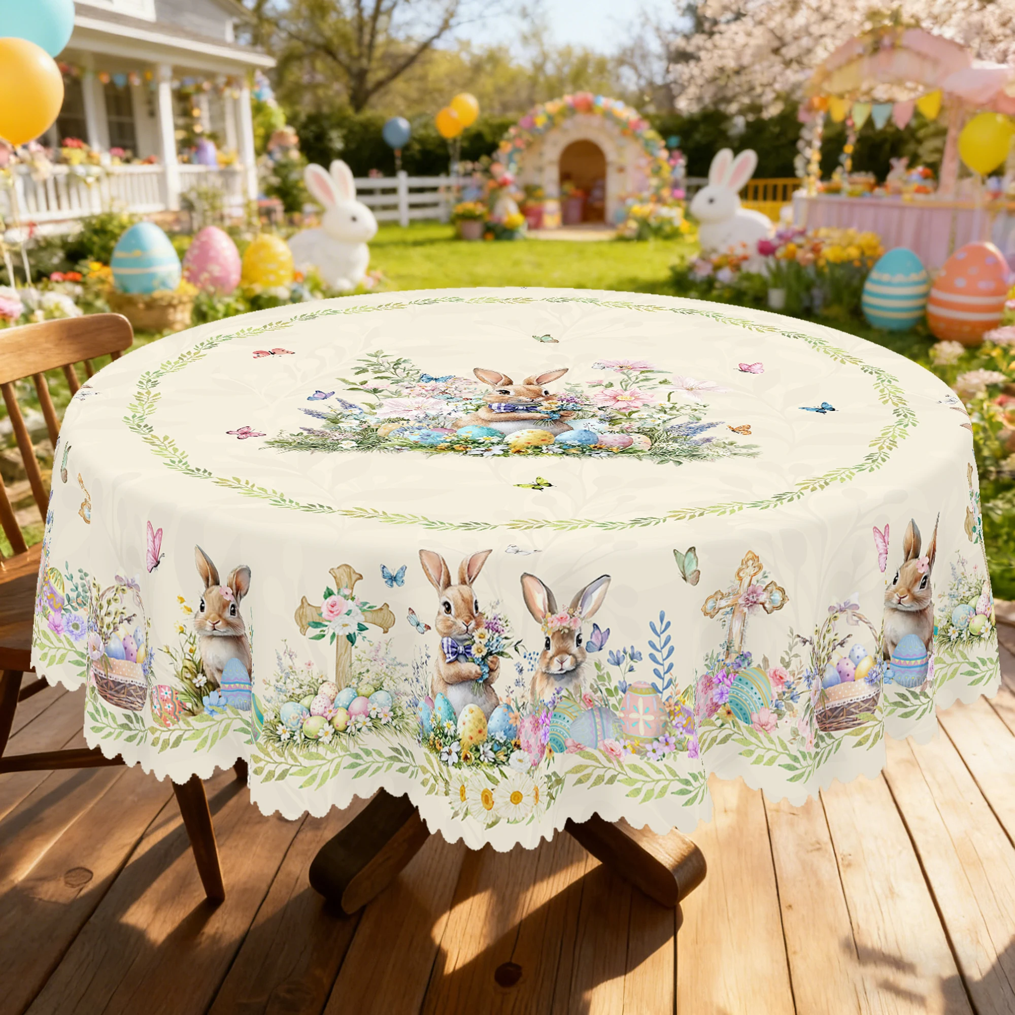 

Скатерть с пасхальным принтом, 1 шт., милые кролики, пасхальные яйца, цветочный узор, идеально подходит для праздничного и пасхального декора, пикников, барбекю в саду, украшения для вечеринок, кухонные принадлежности, скатерть для использования в помещен
