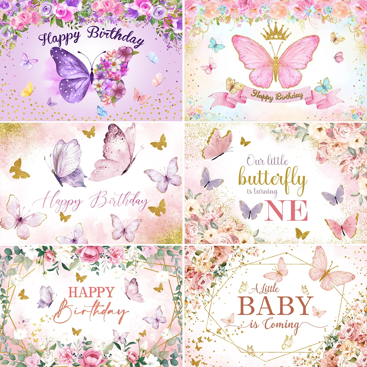 Laeacco Dreamy Butterfly Child Birthday Party Photographic Backdrops Baby Shower Pink Flowers Decoration Background Photo Studio