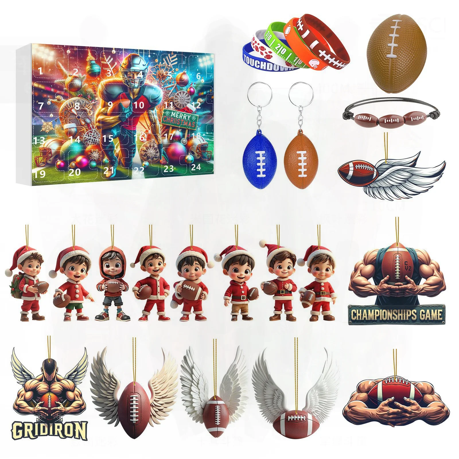 24 piezas de traje de Navidad de rugby, caja ciega, calendario de Adviento de fútbol americano, regalo para fanáticos del rugby, varios tamaños y colores