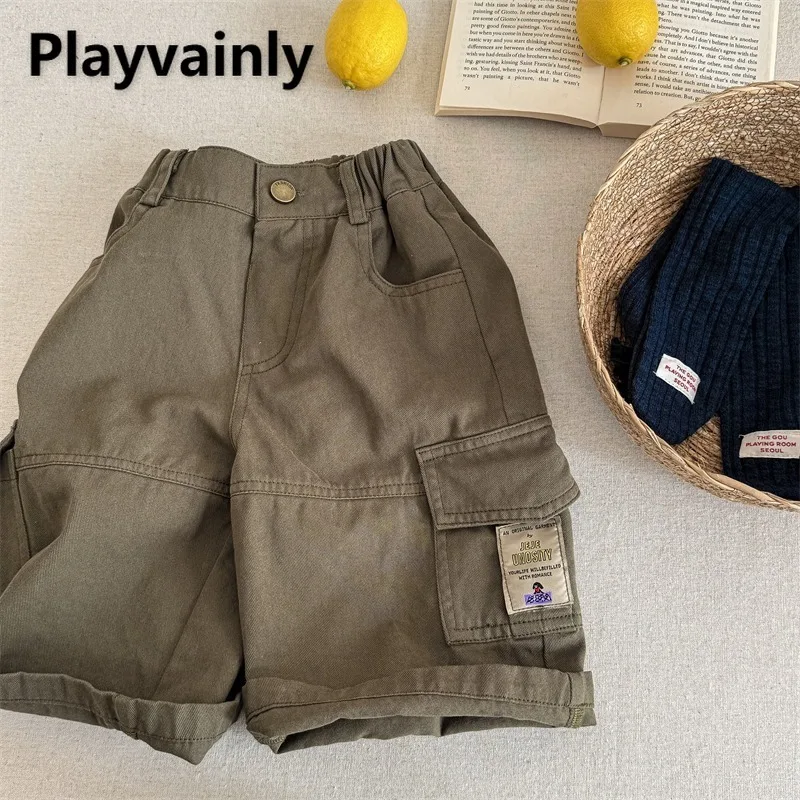 

2025 Новая детская одежда, осенние широкие брюки в корейском стиле до щиколотки, брюки-карго с большими карманами для девочек и мальчиков A6010