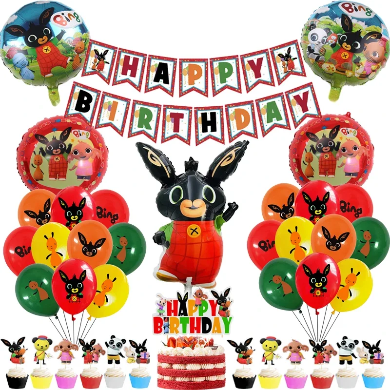 rabbit Birthday Party Decoration Cartoon Red Balloons Cute Animal Jungle Pet Ballons Banner Kids Cupcake Toppers Toy Gift Globos