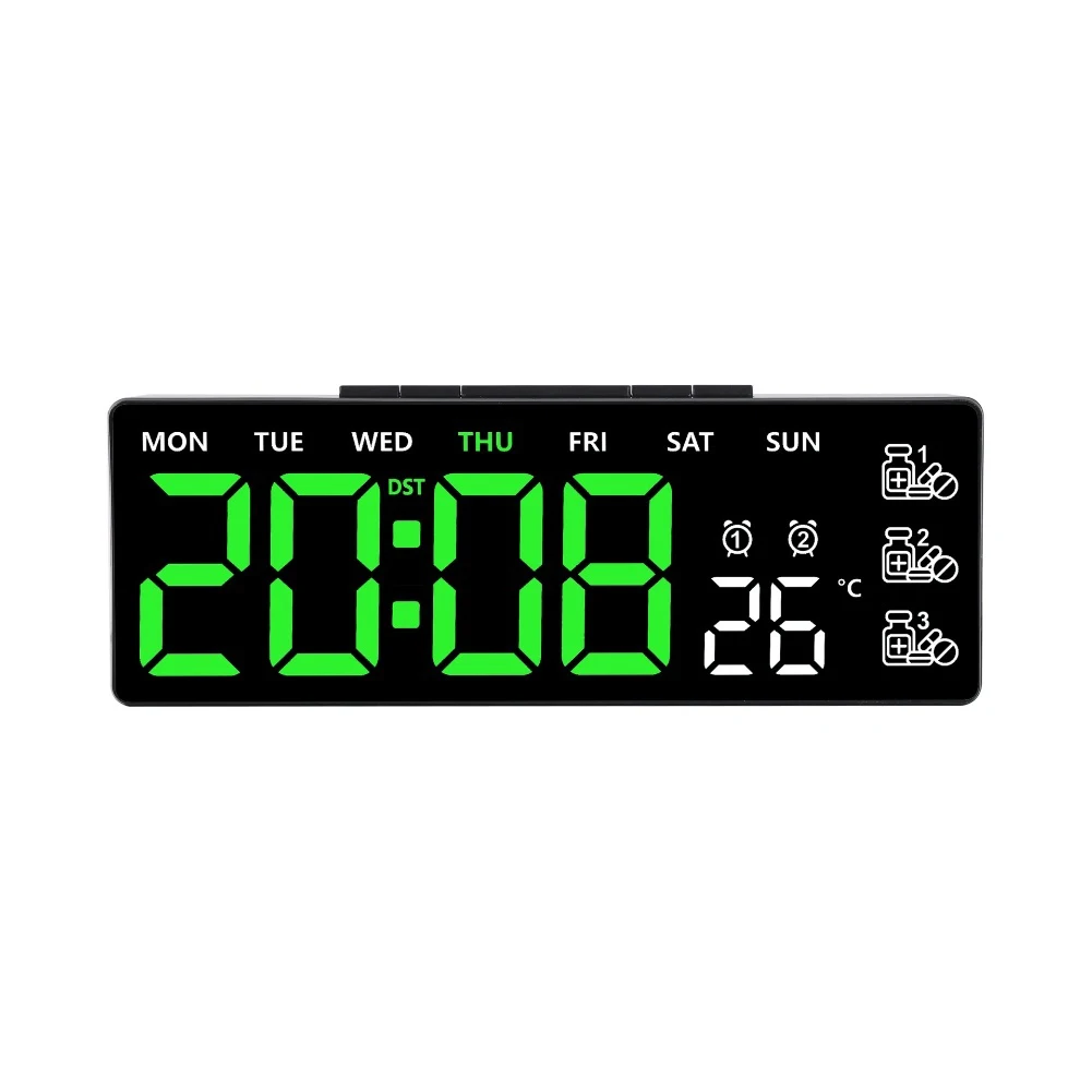LED Digital Wall Clock Large Display Week Day Temperature Alarm Remote Control and Adjustable Brightness Settings