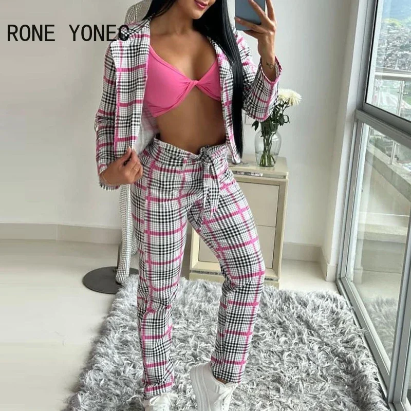 Women Elegant Plaid Print Short Blazer Coat & Drawstring Pants Set Women Working Two Pieces Set