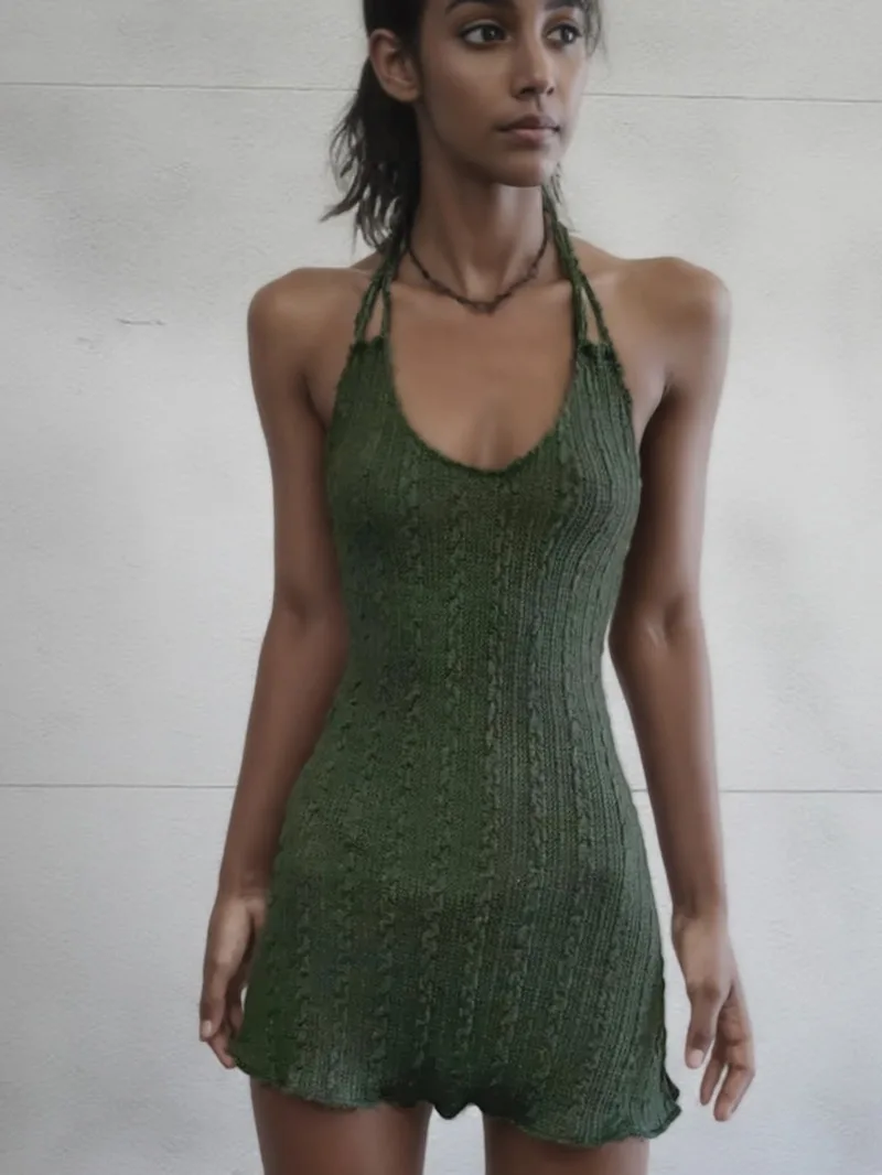 Vintage Knitted Halter Short Dress Sexy Bandage Hollow Out Backless Dresses Elegant Sleeveless Texture Party Dresses green PL2U