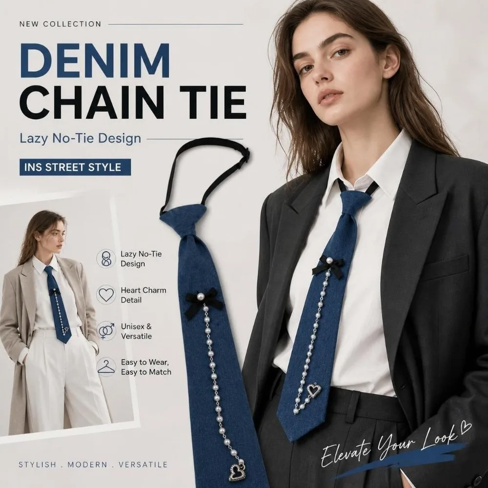 Cowboy Style Denim Pre Tied Necktie Beaded with Tassel Costume JK Tie‌ Adjustable Elastic Strap Denim Pearl Necktie