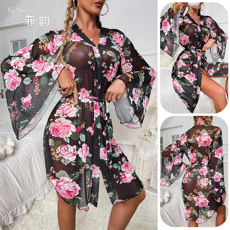 

New Adult Sexy Women's Mesh Pajamas Women's, Printed Light Luxury Long-sleeved Cool Nightgown Bathrobe Loungewear Women's 597