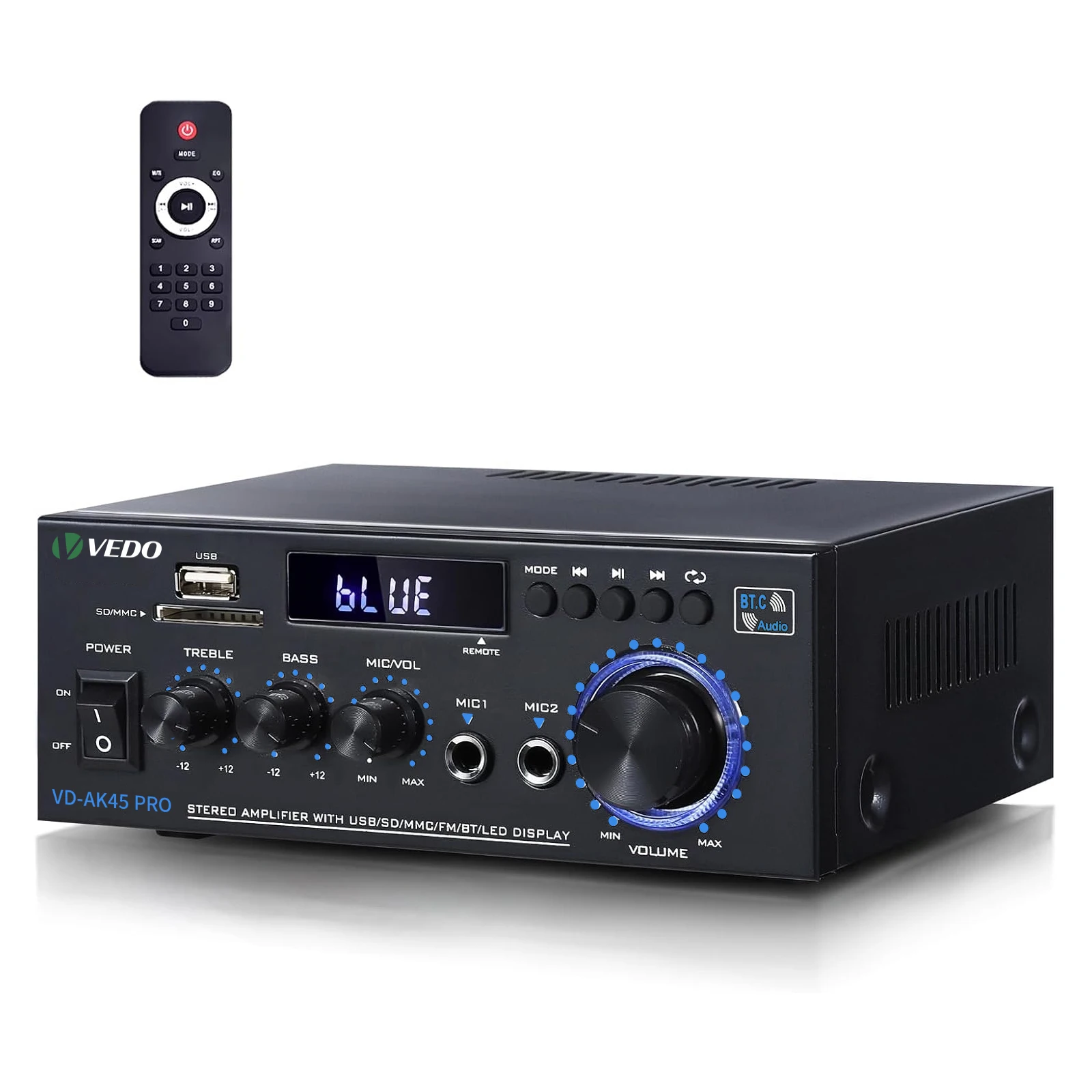 VD-AK45Pro Stereo Receivers Amplifier Home Audio with Bluetooth 5.3, 2.0 Channel Power Amplifier with USB,SD,RCA,FM,2MIC