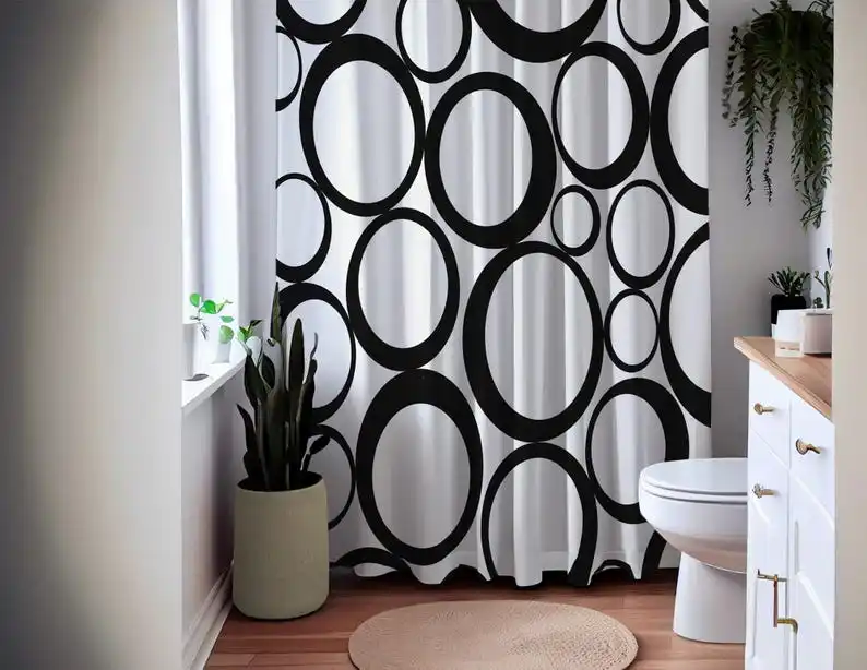 Black and White Circle Shower Curtain Bold Modern Graphic Pattern Abstract Bathroom Decor Waterproof Durable Polyester Fabric