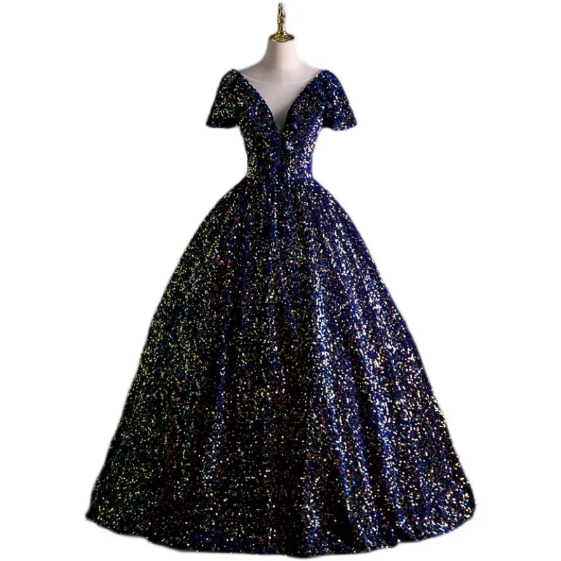 التدرج السماء المرصعة بالنجوم بريق الصوتية الفن امتحان الأداء فستان جديد حزام سولو الغناء منتفخ تنورة المضيف الاجتماع السنوي نخب فستان