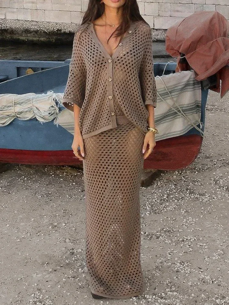 เสื้อผ้าผู้หญิงฤดูร้อนใหม่ชุดลําลองชุดแฟชั่นตาข่าย Fishnet Beach เสื้อถักกระโปรงยาวชุดจับคู่สําหรับสตรี