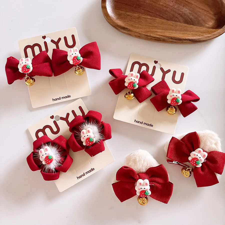 

Cat Ear Hair Clip Red Velvet Bow Side Clips for Girls Festive Party Wear Sweet Plush Hair Accessories Gift