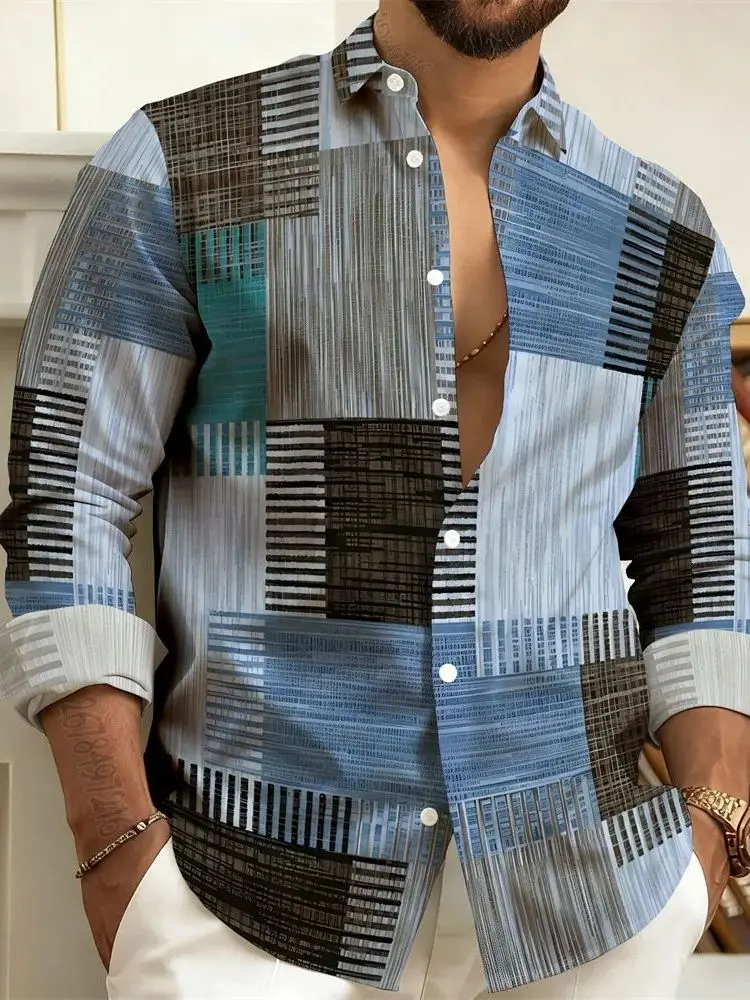 

Мужская повседневная рубашка с длинным рукавом и 3D-цифровой печатью, городской стиль, полиэстер, стандартный крой, сплошной принт