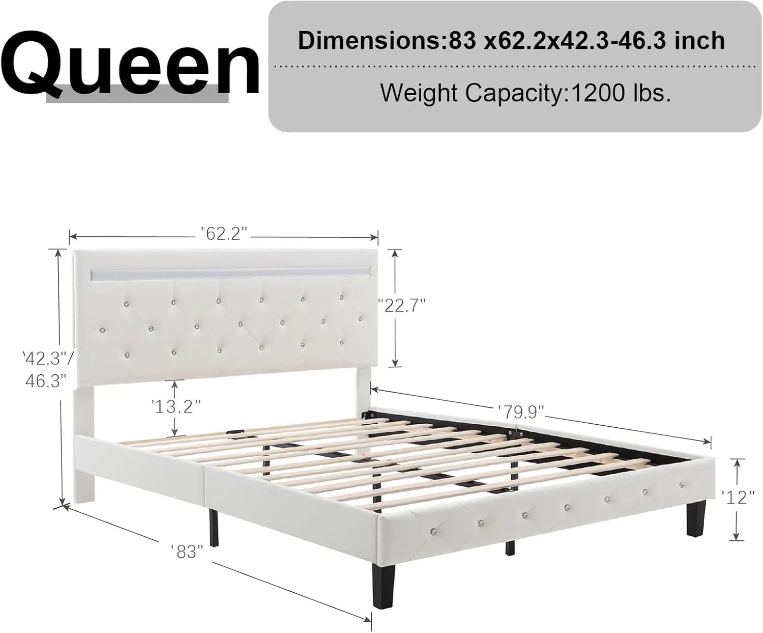 Queen Size Bed Frame with LED Light Leather Platform Bed Frame with Adjustable Upholstered Headboard, Over 60000 Colors, White