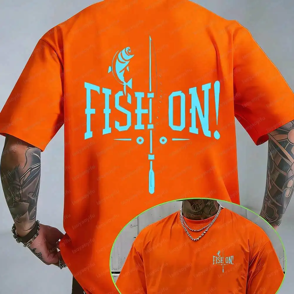Fish on Fishing T-Shirt Retro Angler Graphic Tee Outdoor Fisherman Rod Print Shirt Gift for Fishing Lovers Cotton Tops for Men