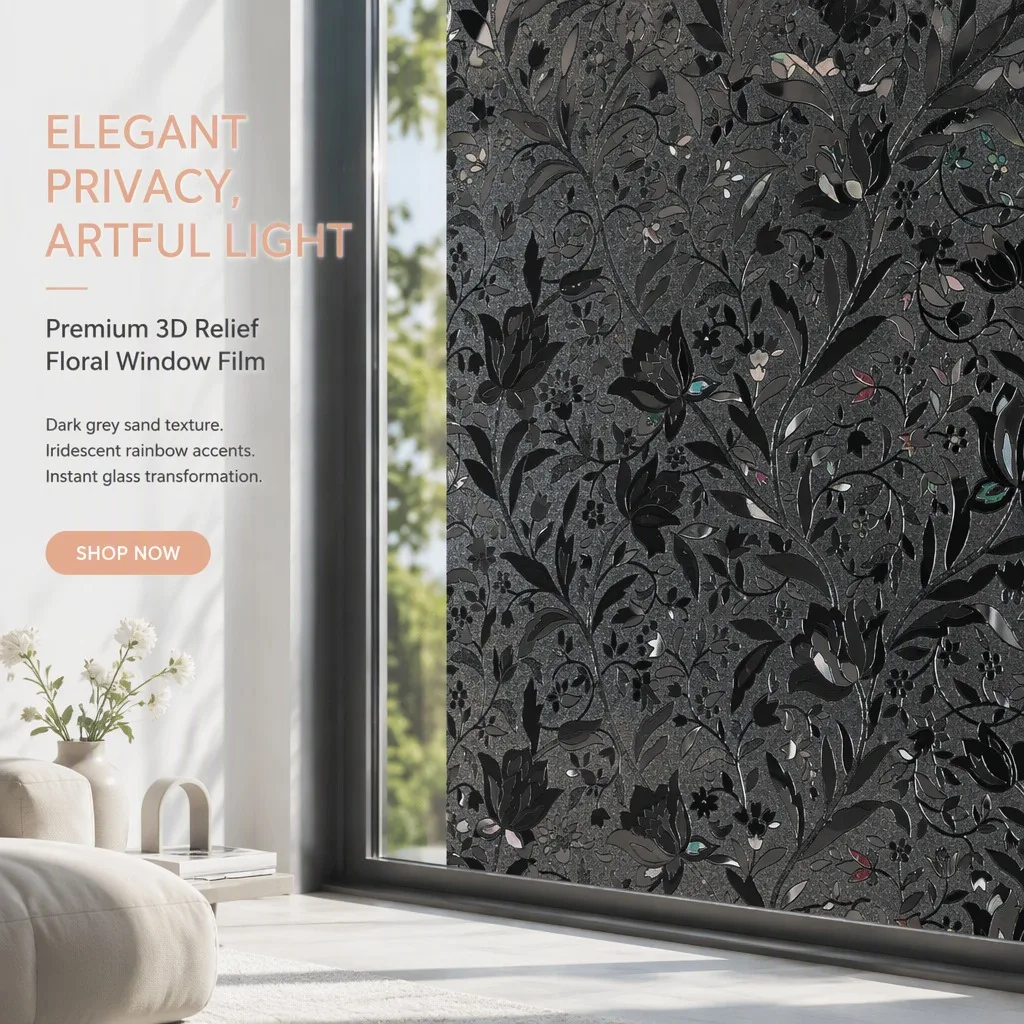 3D Floral Privacy Window Film Non-Adhesive Frosted Glass Sticker Holographic Decorative Film for Bathroom Bedroom