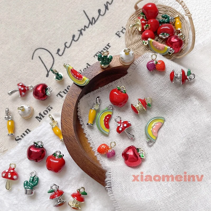 6pcs Alloy Cute Mushroom Little Melon Berry Apple Pendant Jewelry DIY Handmade Beaded Accessories Charms