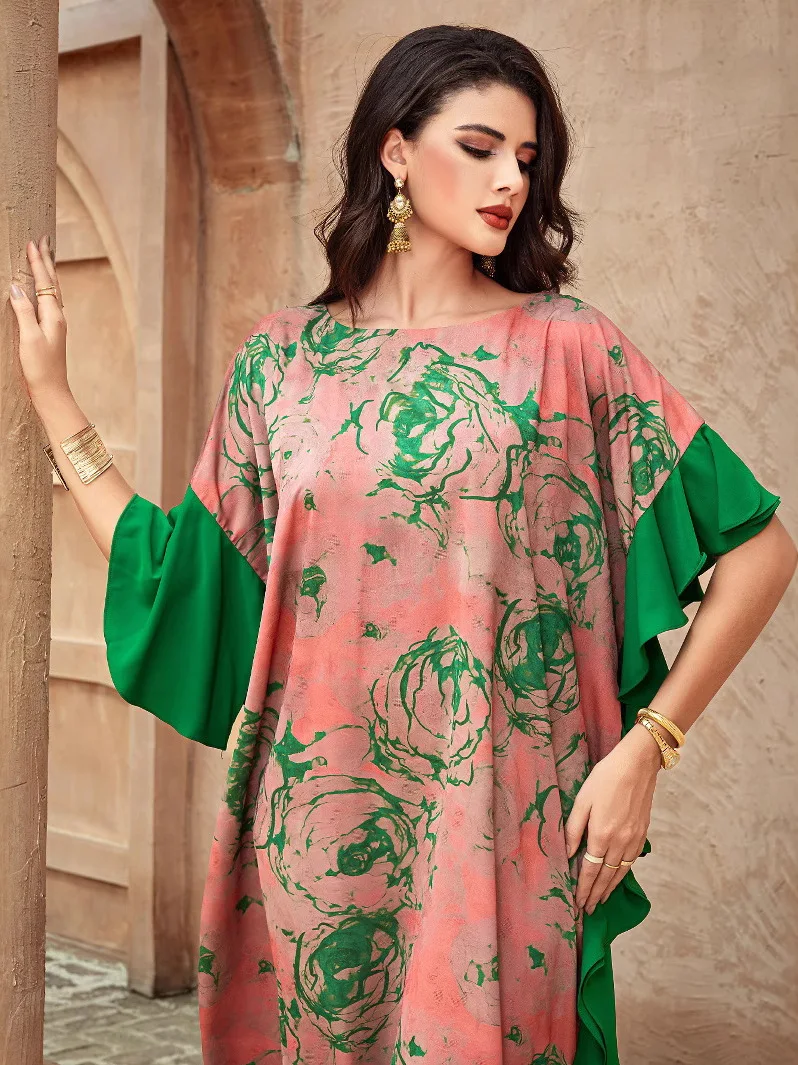 

Middle East Summer Floral Print round Neck Long Dress Ethnic Style Vacation Travel Gown Cover up Robe Traditional Chinese Cos...