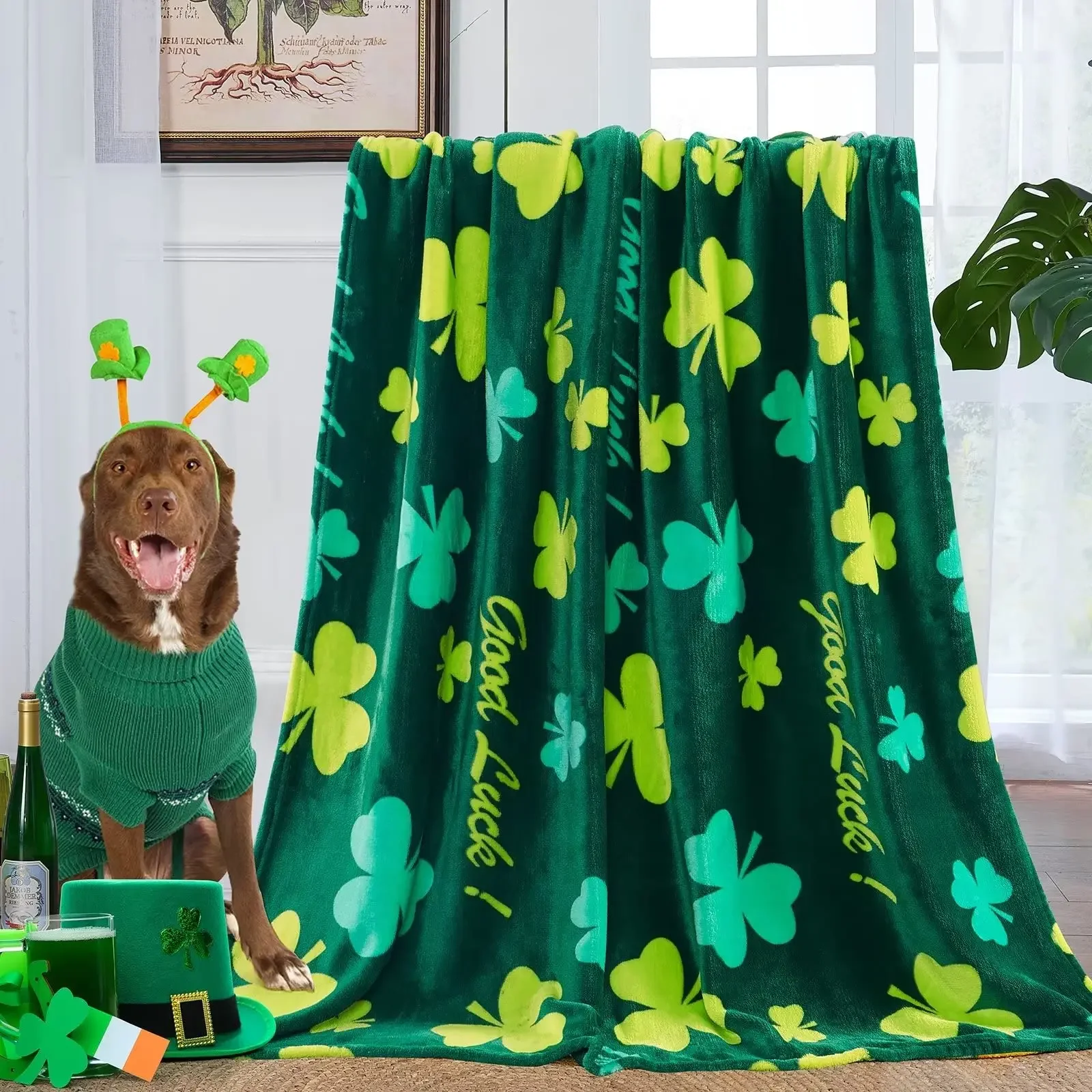 St Patricks Day Throw Blanket,Clovers and Shamrocks Design Soft Flannel Blanket,Green Gnome Leaf Saints Blankets, Bed Sofa Quilt