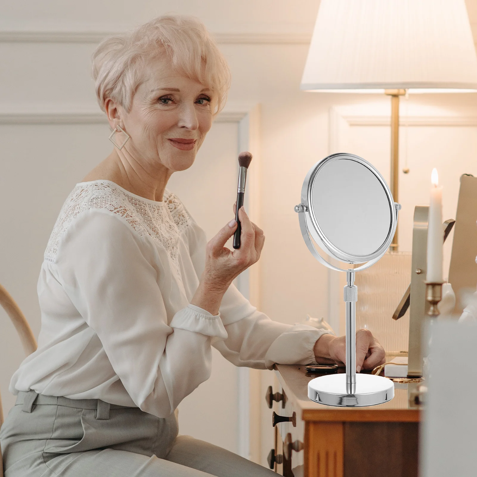 

Round Desktop Makeup Mirror Metal Rotatable Clear Surface High Definition Dresser Tabletop Mirror Decor