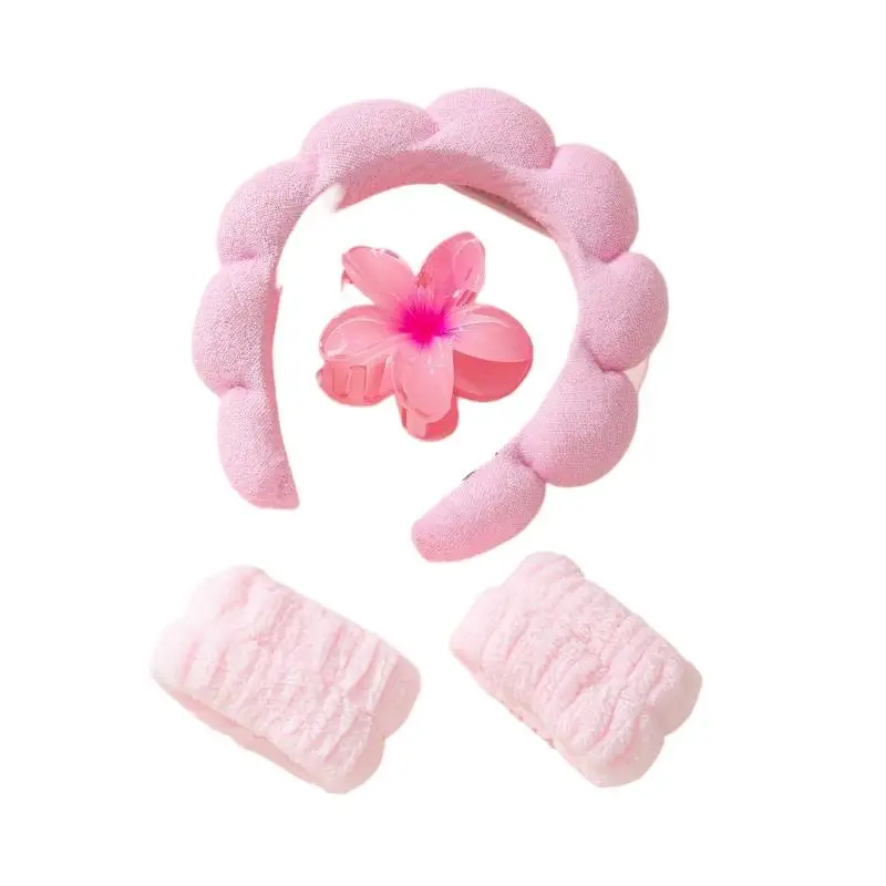 4/6-teiliges Plüsch-Hautpflege-Stirnband-Set mit saugfähigen Handgelenkbändern und niedlicher Blumen-Haarklammer für Gesichtsreinigung, Make-up und Hautpflege – Detail 6