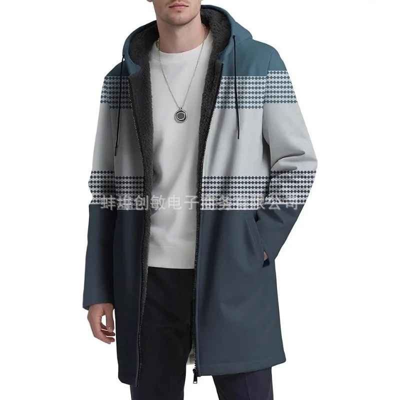 Men's Mid-Length Fleece Lined Parka Hooded Color Block Geometric Pattern Warm Winter Coat