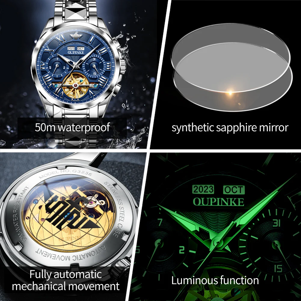 OUPNKE Automatic Mechanical Watch for Men Roman Numeral Dial Fashion Skeleton Men's Wristwatch Chronograph Waterproof Man Watch