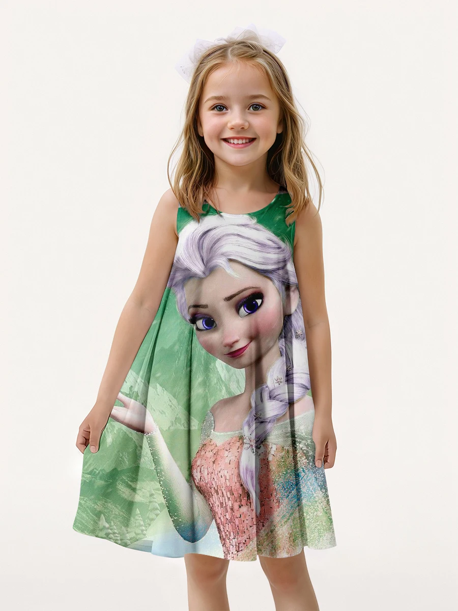 MINISO Summer New Disney Children's Clothing 3D Printed Cartoon Sleeveless Dress Little Girls Casual Breathable Princess Dress