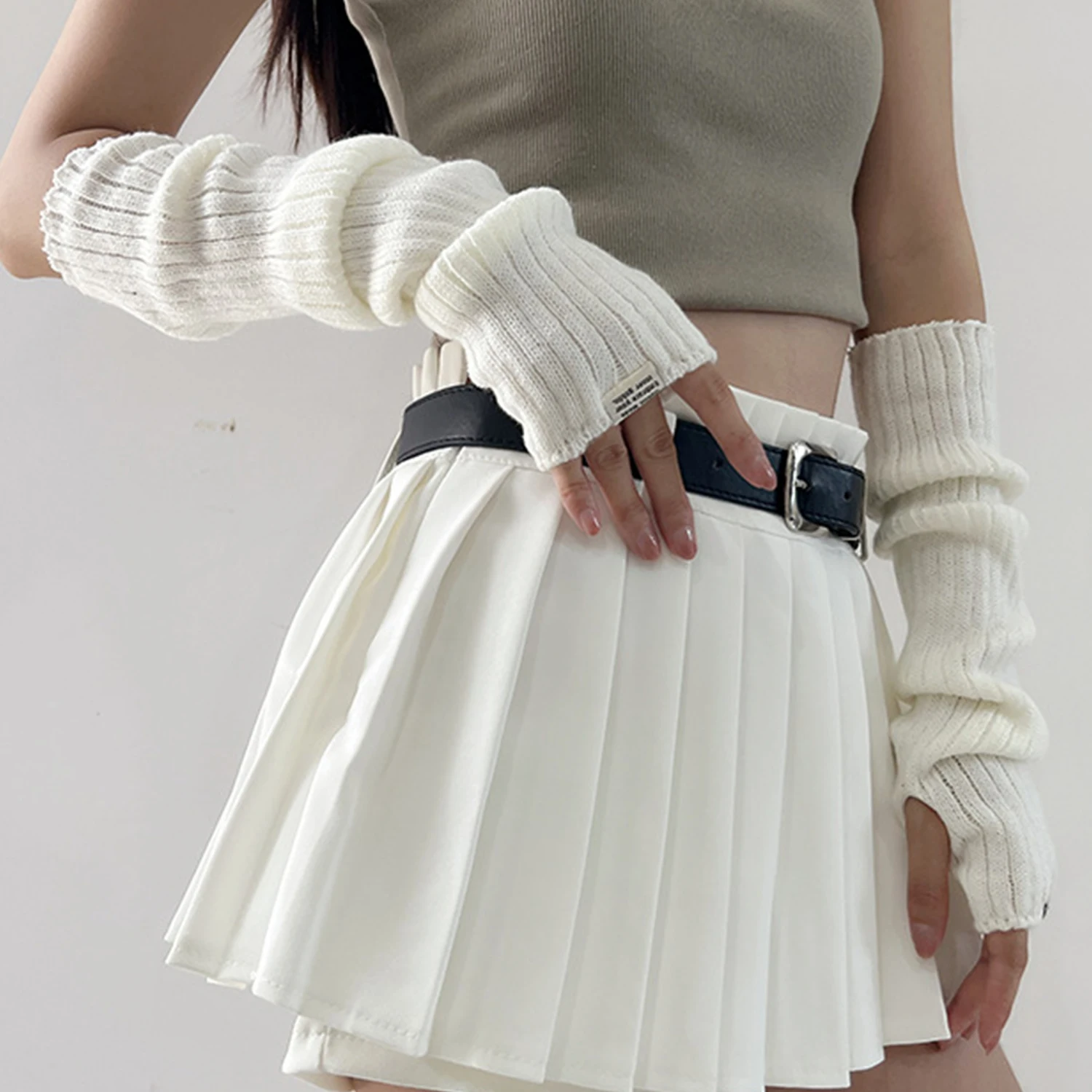 Zoete Vrouwen Winter Arm Warmer Gebreide Witte Lolita Y 2K Lange Vingerloze Handschoenen Arm Mouw Casual Soft Girls Punk Gothic Wanten