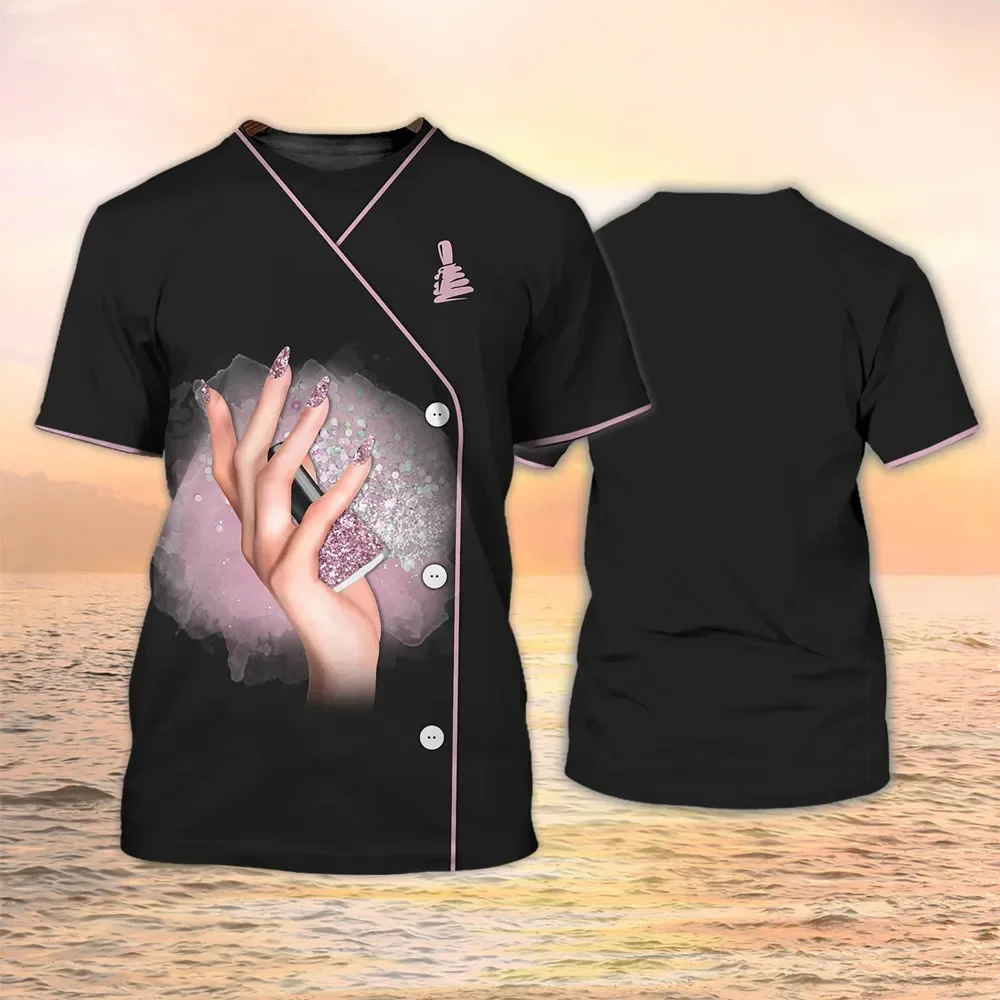 Verão quente nova moda feminina camiseta esteticista realce de unhas 3d impresso camiseta neutra casual camisa superior uniforme