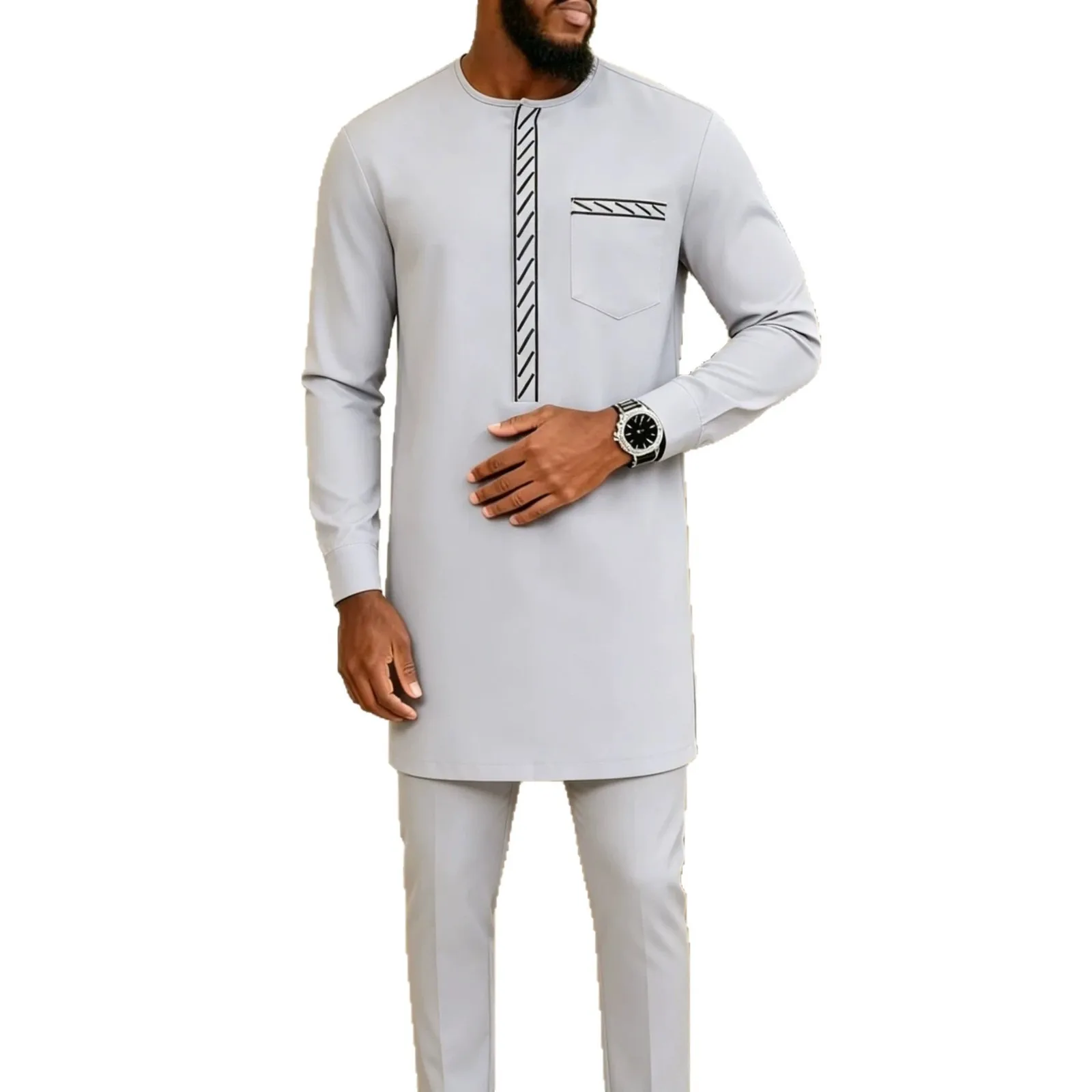 Dashiki African Clothes for Men Summer Autumn African Men Polyester Black Gray Top Long Pant Matching Sets Africa Clothing