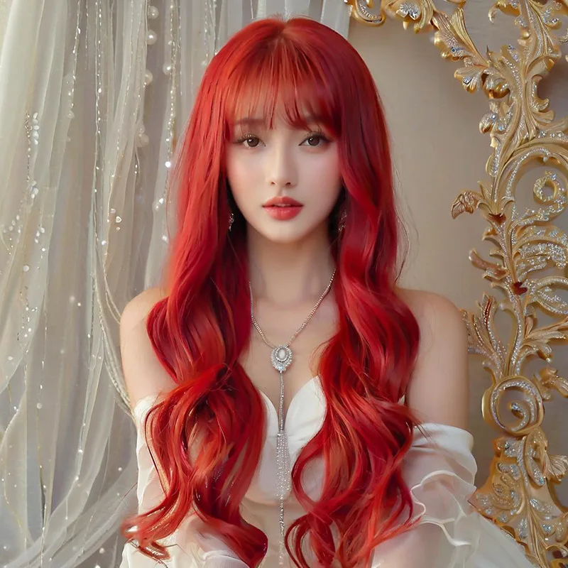 

Korean and Japanese girl group Sea King red long curly hair wig with air bangs synthetic fiber headpiece