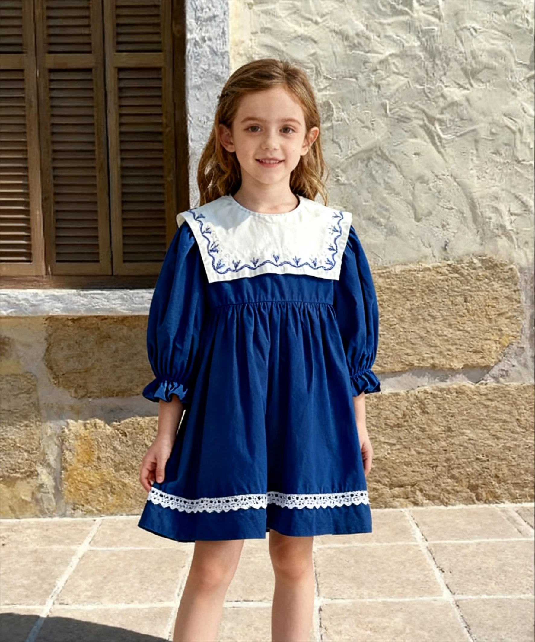 

Large Lapel Embroidery Spring Autumn Girls Dress Skirt Solid Casual Baby Girls Dress Children's Lace Princess Clothing