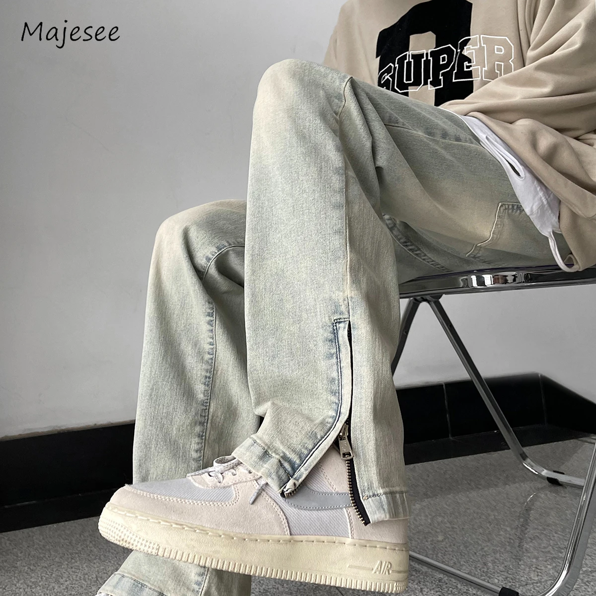 

Mens Jeans Retro All-match Streetwear Spring Autumn Loose Side-slit Zipper Washed American Style Male Vintage Trousers Fashion