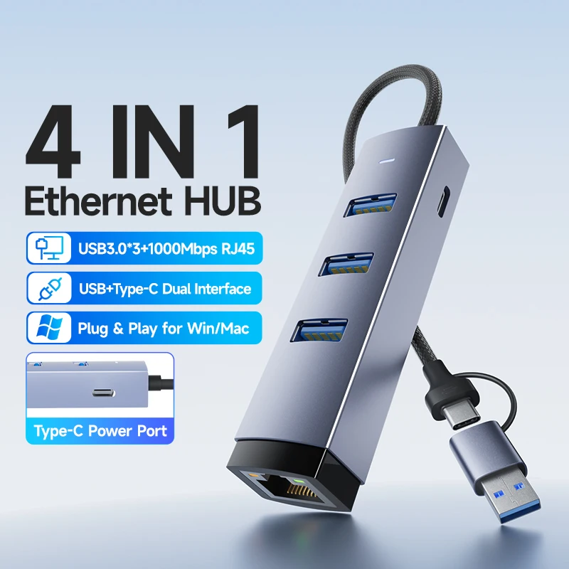 FDBRO 1000Mbps USB/USB-C Ethernet Lan Adapter 3 Port USB3.0 Hub Docking Station USB3.0 Hub to RJ45 Gigabit Network Card For PC